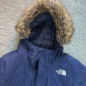 North Face Big Girls Navy Blue with Fur  Hood 3/4 length Dryvent 550 Parka
